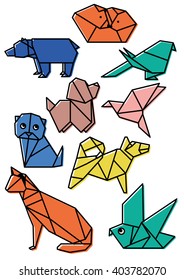 cute origami animals pets set with dark lines and offset color bold lines vector illustration