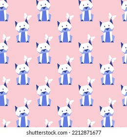 Cute origami cat seamless pattern. Funny cartoon geometric kitten with butterfly. Vector design for textile, wrapping paper, greeting cards.