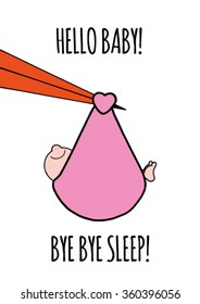 Cute original baby girl congratulations card with happy smiling baby girl in a pink sling being carried by a stork. Text about birth baby. Stock vector illustration. Hand drawn.