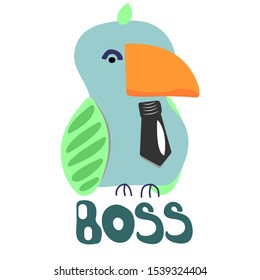 Cute and original hand drawn boss bird in a tie vector illustration. Positive poster for design on shirts, cups, bags, nursery print and other.