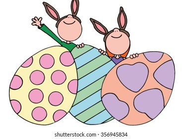 Cute original hand drawn stock vector illustration of a happy smiling boy and girl wearing bunny ears and who are sitting behind three giant easter eggs.