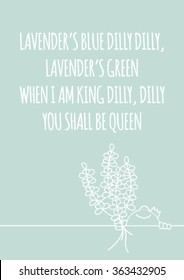 Cute original hand drawn stock vector illustration of baby boy with a crown holding a branch of lavender. White line drawing on a blue background. Lyrics of nursery rhyme Lavender's Blue Dilly Dilly