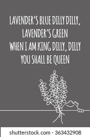 Cute original hand drawn stock vector illustration of baby boy with a crown holding a branch of lavender. White lines on a dark grey background. Lyrics of nursery rhyme Lavender's Blue Dilly Dilly 