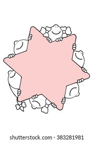 Cute original hand drawn stock vector illustration of six happy smiling boys and girls around a giant pink star. 