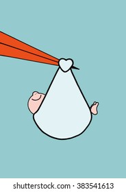 Cute original hand drawn stock vector illustration of a happy smiling baby boy in a blue sling being carried by a stork. 