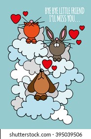 Cute original stock hand drawn stock vector illustration. Pet condolence card with orange cat, brown rabbit and brown dog wearing angel wings and sitting on clouds. 