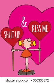Cute original Valentines Day greeting card with a happy smiling girl holding two giant red lollipops with text about kisses. Stock vector illustration. Hand drawn. 
