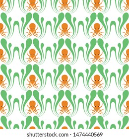 Cute ornage octopus sitting inside the green grass. A vector seamless pattern background