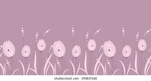 Cute ornament from abstract tulips on pink background. Horizontal floral seamless pattern