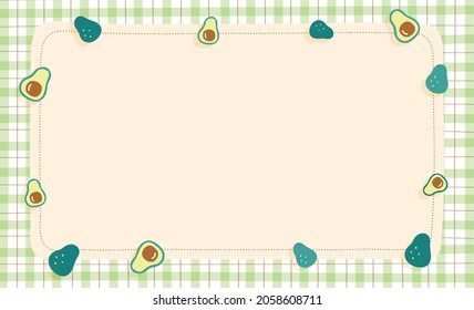 Cute Ornament Element Avocado Pastel Green Gingham Pattern Paper Background Frame Border. Blank note Vector Illustration. Editable Stroke.