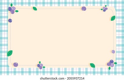 Cute Ornament Element Blueberry Pastel Green Mint Gingham Pattern Paper Background Frame Border. Blank note Vector Illustration. Editable Stroke.