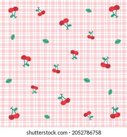 Cute Ornament Element Cherry Pastel Pink Gingham Pattern Editable Stroke. Cartoon Illustration, Mat, Fabric, Textile, Scarf, Wrapping Paper.