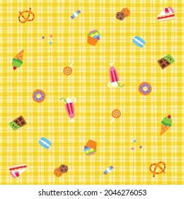 Cute Ornament Element Dessert Sweet Pastel Yellow Gingham Pattern Editable Stroke. Cartoon Illustration Cloth, Mat, Fabric pattern, Textile, Scarf, Wrapping Paper.