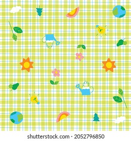 Cute Ornament Element Environment Sun, Cloud, Rainbow, Earth, Bulb, Leaf Branch, Tree, Pastel Green Gingham Pattern Editable Stroke. Cartoon Illustration, Mat, Fabric, Textile, Scarf, Wrapping Paper.