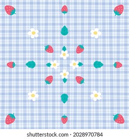 Cute Ornament Element Fruit Strawberry Leaf Flower Pastel Blue Gingham Pattern Editable Stroke. Cartoon Illustration Cloth, Mat, Fabric pattern, Textile, Scarf, Wrapping Paper.