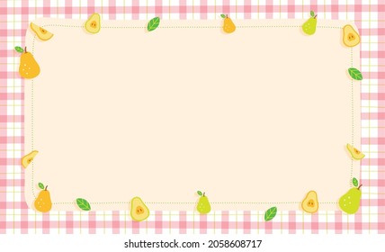 Cute Ornament Element Green Yellow Pear Pastel Pink Gingham Pattern Paper Background Frame Border. Blank note Vector Illustration. Editable Stroke.