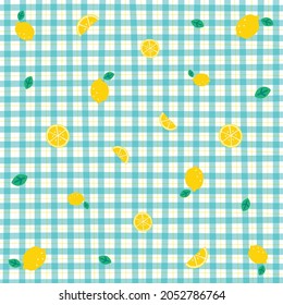 
Cute Ornament Element Lemon Pastel Blue Gingham Pattern Editable Stroke. Cartoon Illustration, Mat, Fabric, Textile, Scarf, Wrapping Paper.