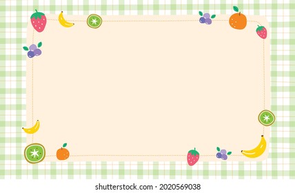 Cute Ornament Element Mix Fruit Strawberry Kiwi Banana Orange Blueberry Pastel Green Gingham Pattern Paper Background Frame Border. Blank note Vector Illustration. Editable Stroke.