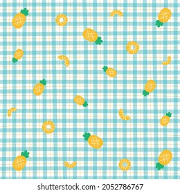 Cute Ornament Element Pineapple Pastel Blue Gingham Pattern Editable Stroke. Cartoon Illustration, Mat, Fabric, Textile, Scarf, Wrapping Paper.
