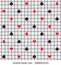 Cute Ornament Element Poker Solitaire Club Diamond Spade Heart Element Red White Black Gingham Pattern Editable Stroke. Cartoon Illustration, Mat, Fabric, Textile, Scarf, Wrapping Paper. 