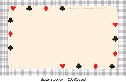 Cute Ornament Element Poker Solitaire Club Diamond Spade Heart Element Red White Black Gingham Pattern Paper Background Frame Border. Blank note Vector Illustration. Editable Stroke.