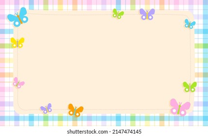 Cute Ornament Element Rainbow Pastel Beautiful Butterfly Insect Plaid Gingham Pattern Paper Background Frame Border. Blank note Vector Illustration. Editable Stroke.