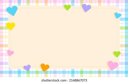 Cute Ornament Element Rainbow Pastel Heart Love Caring Plaid Gingham Pattern Paper Background Frame Border. Blank Space note Vector Illustration. Editable Stroke.