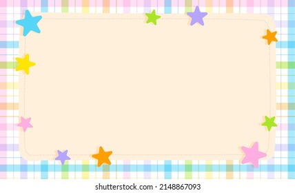 Cute Ornament Element Rainbow Pastel Star Space Shine Sparkle Sky Plaid Gingham Pattern Paper Background Frame Border. Blank Space note Vector Illustration. Editable Stroke.