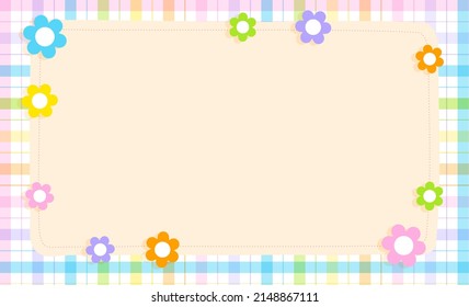 Cute Ornament Element Rainbow Pastel Daisy Flower Plaid Gingham Pattern Paper Background Frame Border. Blank Space note Vector Illustration. Editable Stroke.