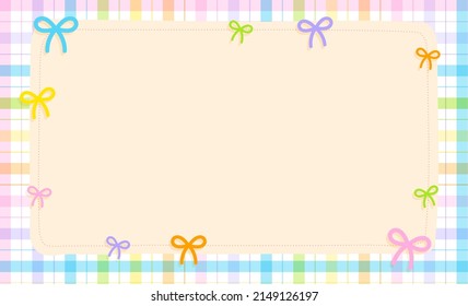 Cute Ornament Element Rainbow Pastel Ribbon Bow Present Gift Box Plaid Gingham Pattern Paper Background Frame Border. Blank Space note Vector Illustration. Editable Stroke.