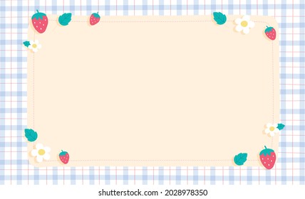 Cute Ornament Element Strawberry Leaf Flower Fruit Pastel Blue Gingham Pattern Paper Background Frame Border. Blank note Vector Illustration. Editable Stroke.