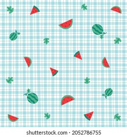 Cute Ornament Element Watermelon Pastel Blue Gingham Pattern Editable Stroke. Cartoon Illustration, Mat, Fabric, Textile, Scarf, Wrapping Paper.