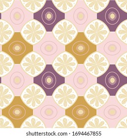 Cute ornament with tiles and sliced fruits (kiwi and lemon). Vector seamless pattern.
