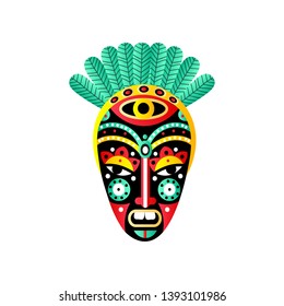 Cute ornamental african mask, red element, green feather