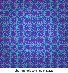 Cute ornamental seamless pattern background in arabian style. Colored, symmetric design for textile, carpet, ads or other purpose. Entangled tessellated repeatable backdrop. Modern tracery.