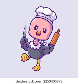 Cute Ostrich Bird Chef Holding Knife and Rolling Pin Cartoon Vector Icon Illustration. Animal Food Icon Concept Isolated Premium Vector. Flat Cartoon Style