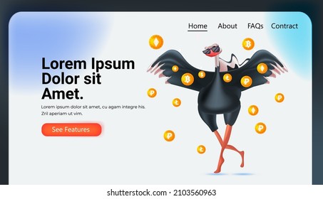 cute ostrich with bitcoins crypto currency web money mining passive income earnings concept