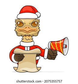 cute ostrich cartoon, wearing santa costume holding megaphone and reading script, cute animal character wearing christmas costume, front view. kawaii and simple style, suitable for christmas content