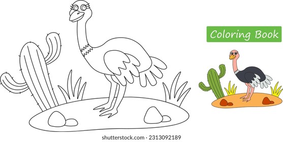 Cute ostrich. Coloring pages. Vector illustration