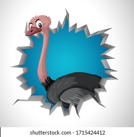 Cute ostrich coming out of cracked wall illustration