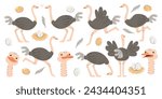 Cute ostrich farm african flightless exotic birds cartoon characters in different pose running, jumping, hiding head in sand and showing various face emotion isolated set on white background