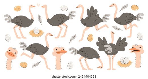 Cute avestruz granja africana vuelo exótico pájaros personajes de dibujos animados en diferentes pose corriendo, saltando, escondiendo la cabeza en la arena y mostrando diversas emociones de la cara aislado sobre fondo blanco