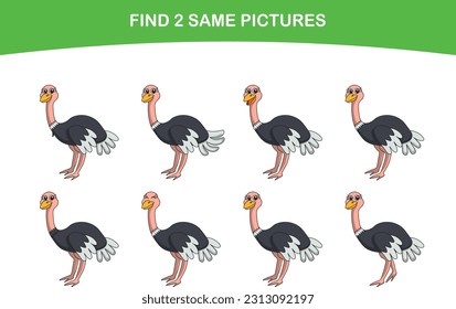 Astrich lindo. Encuentra dos fotos iguales. Juego educativo para niños. Ilustración vectorial de dibujos animados