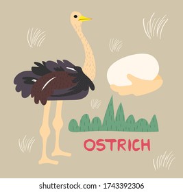 Cute ostrich handdrawn vector illustration. Ostrich cartoon character with lettering. Zoo, safari animal in space. Travel postcard, kids book design element