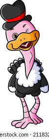 The cute ostrich is wearing the hat and blinking the eye of illustration