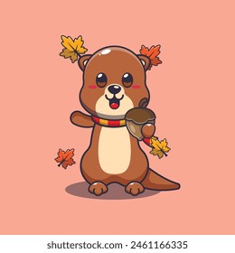 Cute otter with acorns at autumn season. Mascot cartoon vector illustration suitable for poster, brochure, web, mascot, sticker, logo and icon.