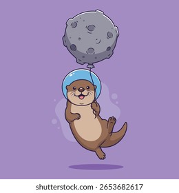 cute Otter Astronaut with Moon Balloon Space Exploration Fun. vector illustration