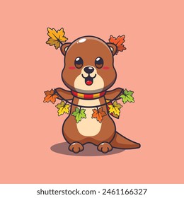 Cute otter with autumn leaf decoration. Mascot cartoon vector illustration suitable for poster, brochure, web, mascot, sticker, logo and icon.