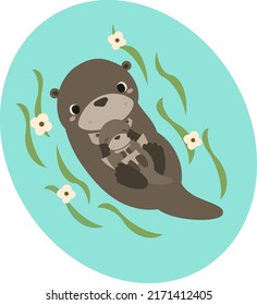 Cute Otter baby with mama playing in the water with water flowers