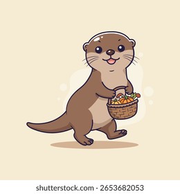 cute Otter with Basket of Mushrooms. vector illustration